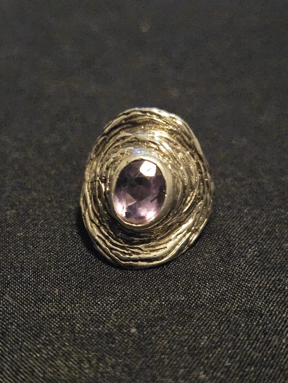 Vintage Modernist Sterling Silver Amethyst Statement Ring Chunky Artisan Size 7